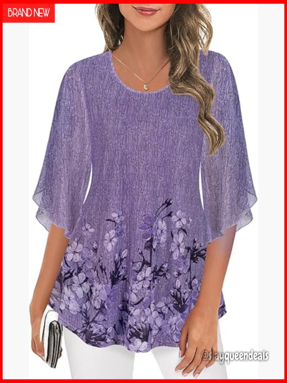 3/4 Sleeve Tunic Blouse Dressy Casual Double Layer Mesh Top
